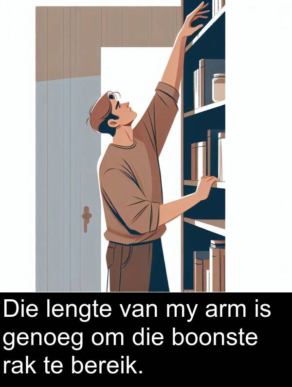 bereik: Die lengte van my arm is genoeg om die boonste rak te bereik.