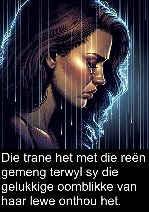 trane: Die trane het met die reën gemeng terwyl sy die gelukkige oomblikke van haar lewe onthou het.