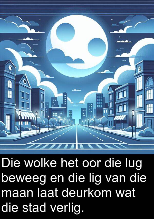 maan: Die wolke het oor die lug beweeg en die lig van die maan laat deurkom wat die stad verlig.