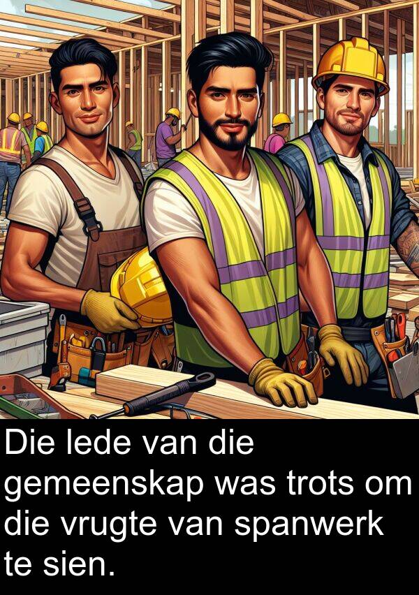 trots: Die lede van die gemeenskap was trots om die vrugte van spanwerk te sien.