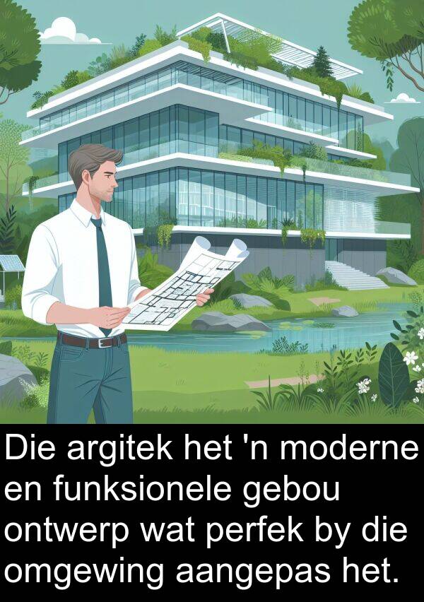 gebou: Die argitek het 'n moderne en funksionele gebou ontwerp wat perfek by die omgewing aangepas het.