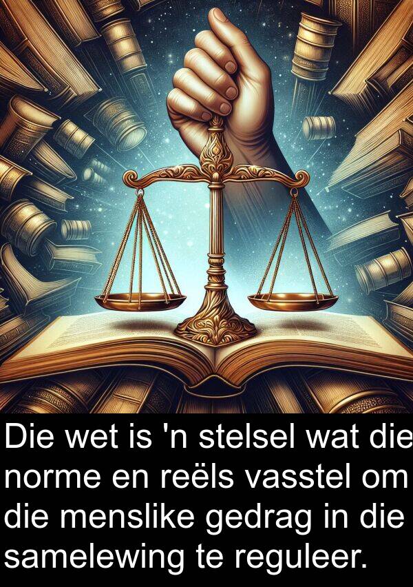 gedrag: Die wet is 'n stelsel wat die norme en reëls vasstel om die menslike gedrag in die samelewing te reguleer.