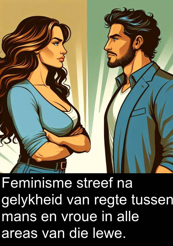 alle: Feminisme streef na gelykheid van regte tussen mans en vroue in alle areas van die lewe.