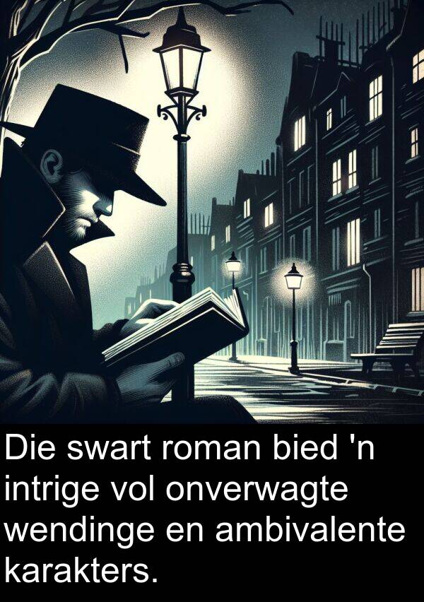 roman: Die swart roman bied 'n intrige vol onverwagte wendinge en ambivalente karakters.