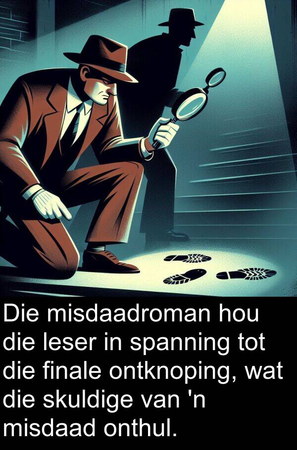 finale: Die misdaadroman hou die leser in spanning tot die finale ontknoping, wat die skuldige van 'n misdaad onthul.