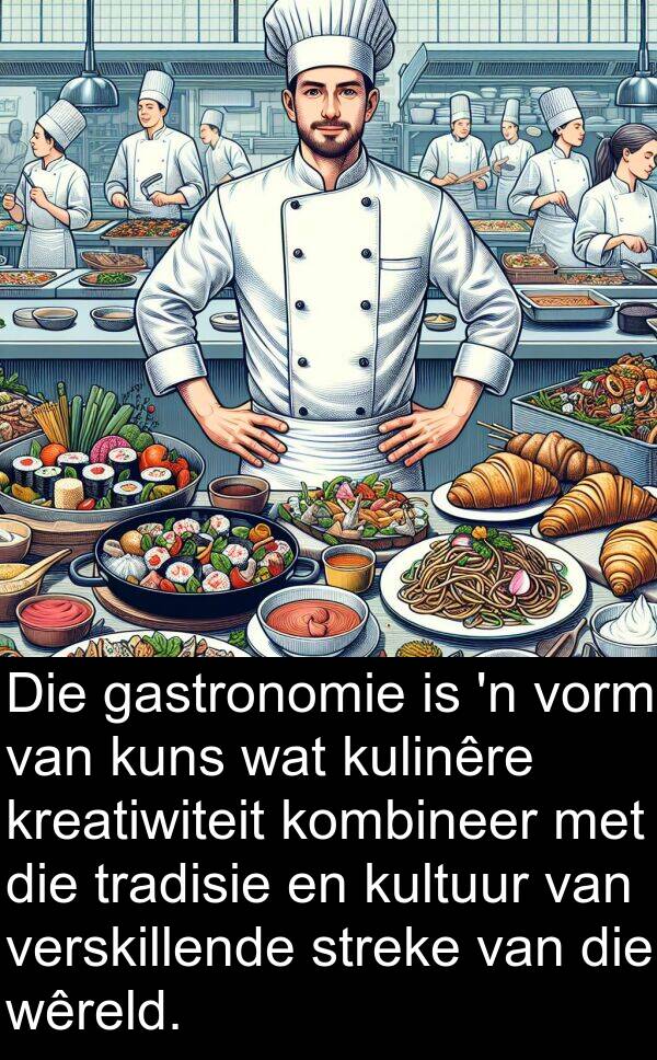 gastronomie: Die gastronomie is 'n vorm van kuns wat kulinêre kreatiwiteit kombineer met die tradisie en kultuur van verskillende streke van die wêreld.