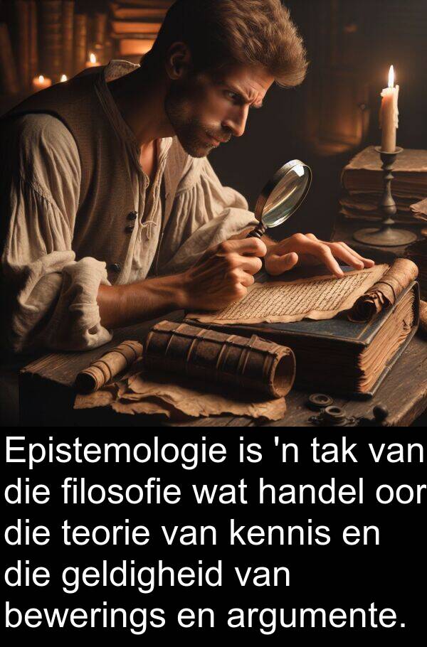 filosofie: Epistemologie is 'n tak van die filosofie wat handel oor die teorie van kennis en die geldigheid van bewerings en argumente.