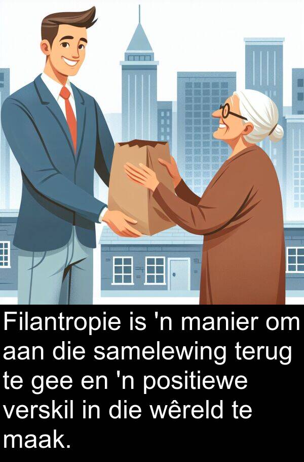 positiewe: Filantropie is 'n manier om aan die samelewing terug te gee en 'n positiewe verskil in die wêreld te maak.