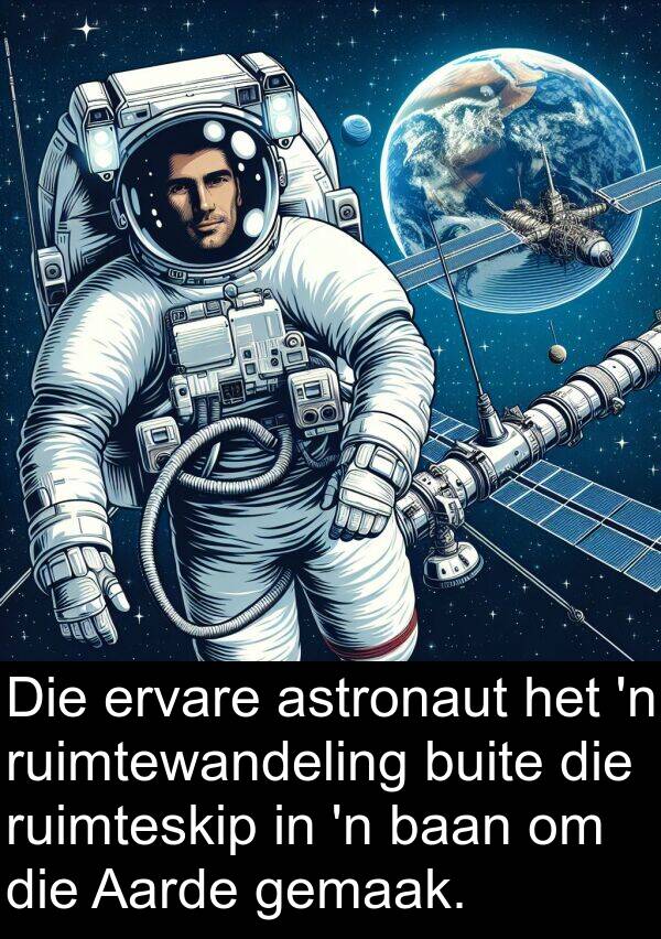 baan: Die ervare astronaut het 'n ruimtewandeling buite die ruimteskip in 'n baan om die Aarde gemaak.