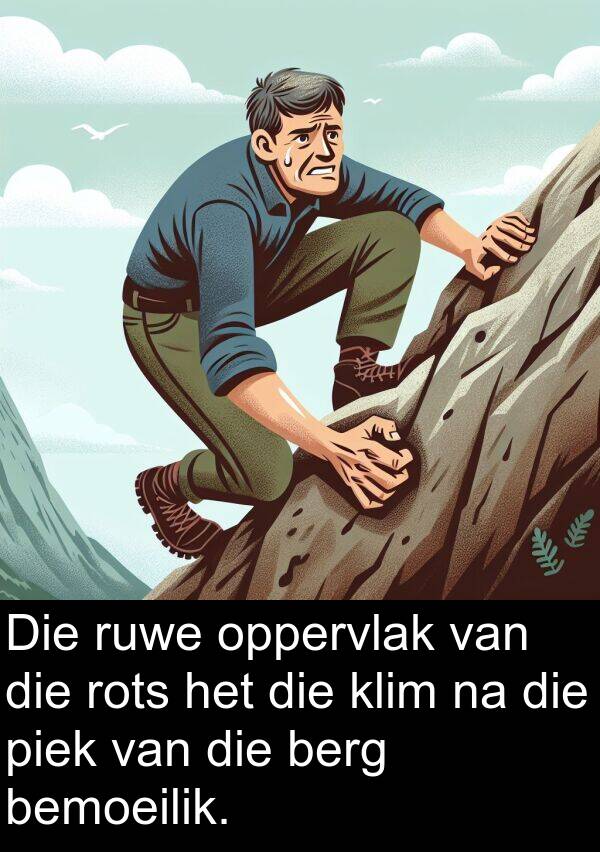 piek: Die ruwe oppervlak van die rots het die klim na die piek van die berg bemoeilik.