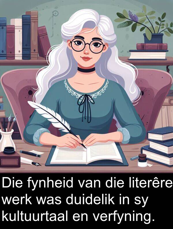 fynheid: Die fynheid van die literêre werk was duidelik in sy kultuurtaal en verfyning.