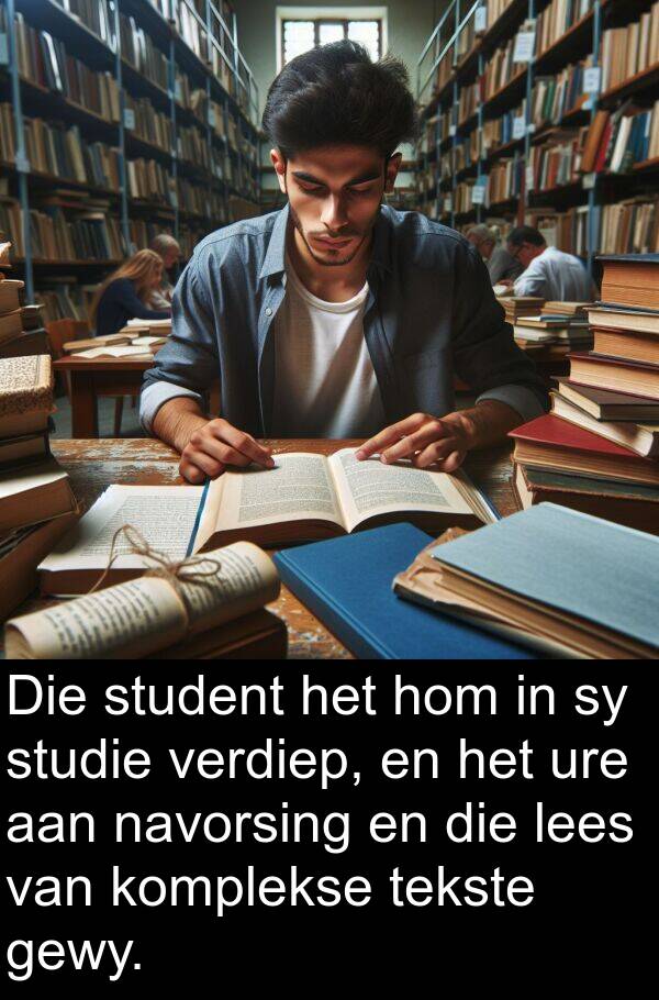 tekste: Die student het hom in sy studie verdiep, en het ure aan navorsing en die lees van komplekse tekste gewy.