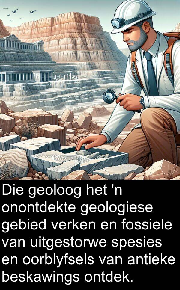 fossiele: Die geoloog het 'n onontdekte geologiese gebied verken en fossiele van uitgestorwe spesies en oorblyfsels van antieke beskawings ontdek.