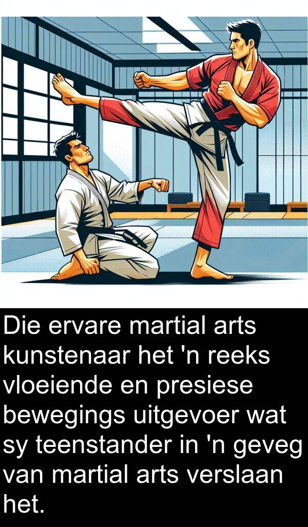 presiese: Die ervare martial arts kunstenaar het 'n reeks vloeiende en presiese bewegings uitgevoer wat sy teenstander in 'n geveg van martial arts verslaan het.