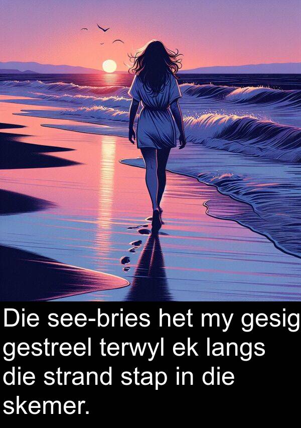 terwyl: Die see-bries het my gesig gestreel terwyl ek langs die strand stap in die skemer.