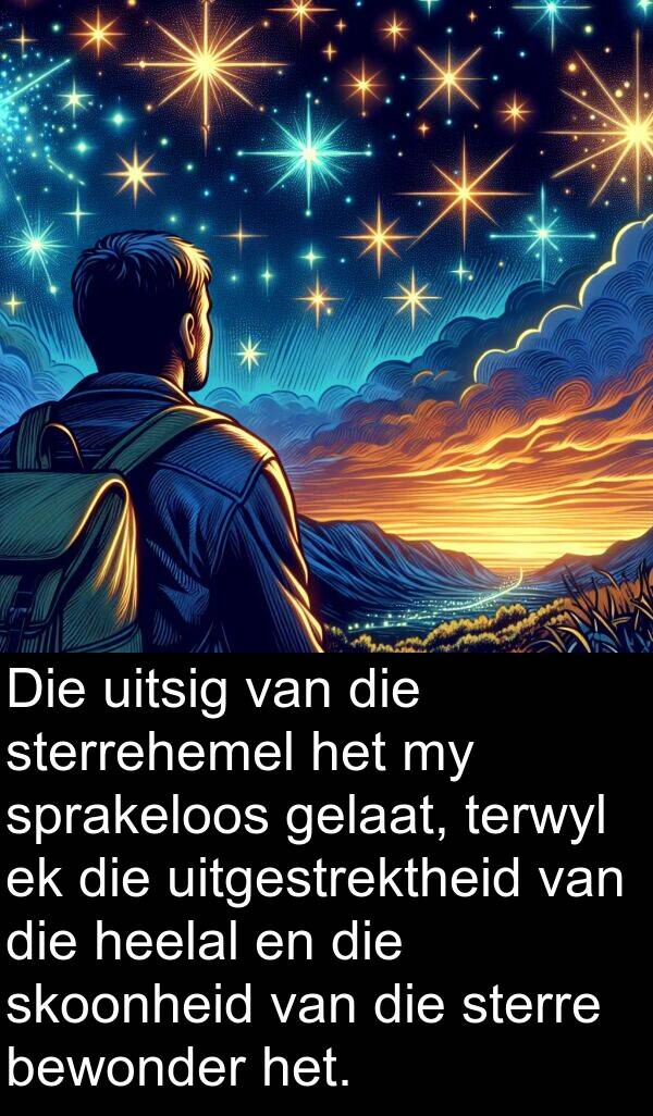 heelal: Die uitsig van die sterrehemel het my sprakeloos gelaat, terwyl ek die uitgestrektheid van die heelal en die skoonheid van die sterre bewonder het.