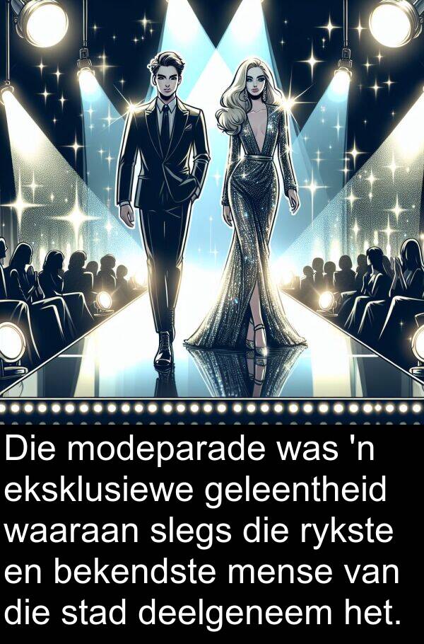 bekendste: Die modeparade was 'n eksklusiewe geleentheid waaraan slegs die rykste en bekendste mense van die stad deelgeneem het.