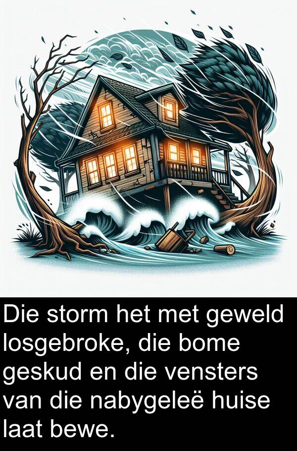 huise: Die storm het met geweld losgebroke, die bome geskud en die vensters van die nabygeleë huise laat bewe.