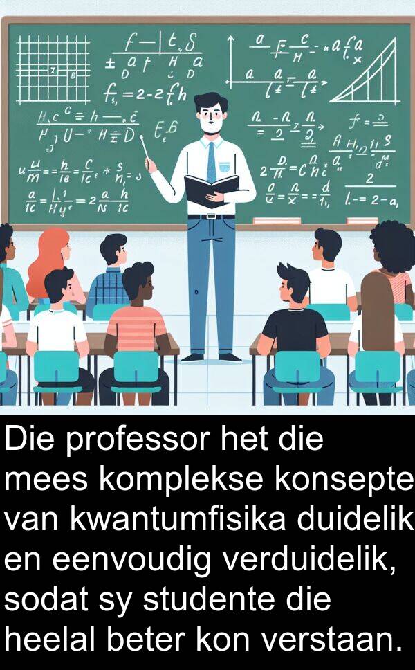 professor: Die professor het die mees komplekse konsepte van kwantumfisika duidelik en eenvoudig verduidelik, sodat sy studente die heelal beter kon verstaan.