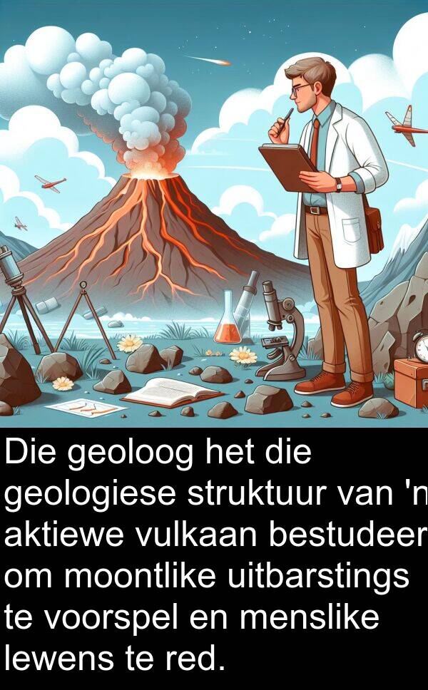 menslike: Die geoloog het die geologiese struktuur van 'n aktiewe vulkaan bestudeer om moontlike uitbarstings te voorspel en menslike lewens te red.