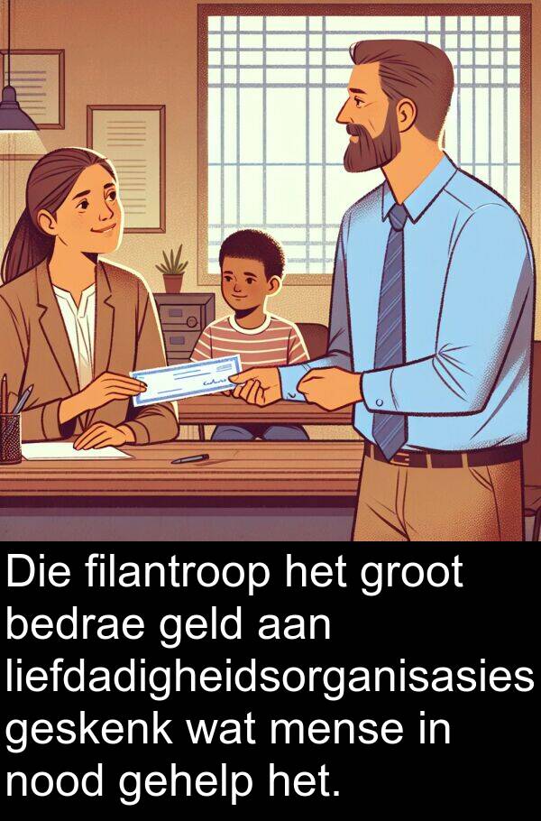 geld: Die filantroop het groot bedrae geld aan liefdadigheidsorganisasies geskenk wat mense in nood gehelp het.