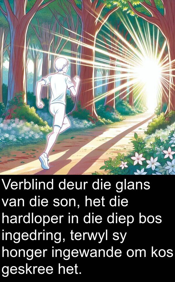 hardloper: Verblind deur die glans van die son, het die hardloper in die diep bos ingedring, terwyl sy honger ingewande om kos geskree het.