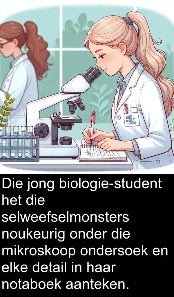 noukeurig: Die jong biologie-student het die selweefselmonsters noukeurig onder die mikroskoop ondersoek en elke detail in haar notaboek aanteken.