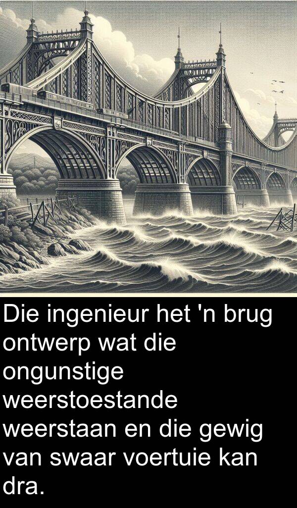 ingenieur: Die ingenieur het 'n brug ontwerp wat die ongunstige weerstoestande weerstaan en die gewig van swaar voertuie kan dra.