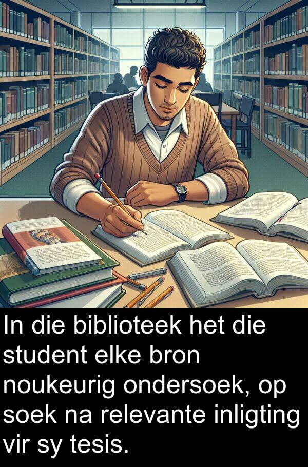 noukeurig: In die biblioteek het die student elke bron noukeurig ondersoek, op soek na relevante inligting vir sy tesis.