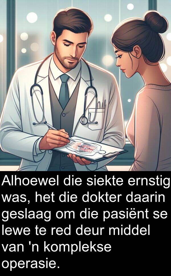 pasiënt: Alhoewel die siekte ernstig was, het die dokter daarin geslaag om die pasiënt se lewe te red deur middel van 'n komplekse operasie.