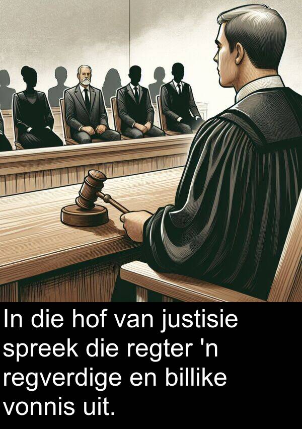 hof: In die hof van justisie spreek die regter 'n regverdige en billike vonnis uit.