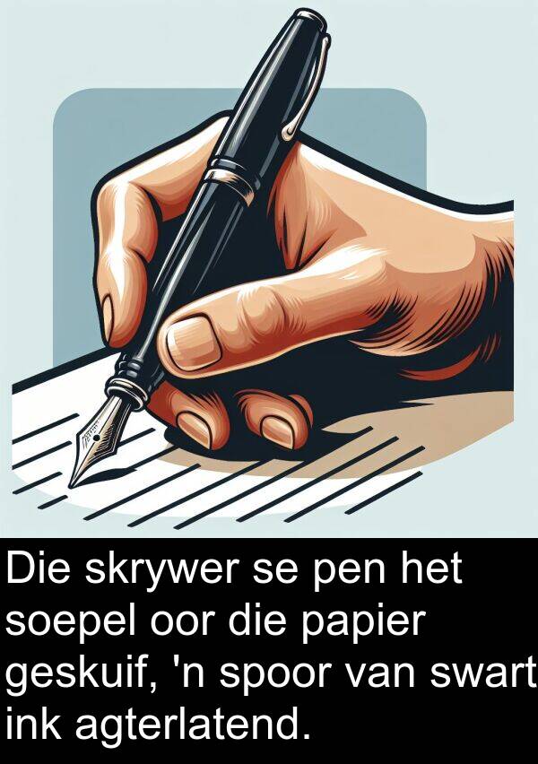 pen: Die skrywer se pen het soepel oor die papier geskuif, 'n spoor van swart ink agterlatend.