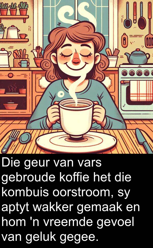 gegee: Die geur van vars gebroude koffie het die kombuis oorstroom, sy aptyt wakker gemaak en hom 'n vreemde gevoel van geluk gegee.