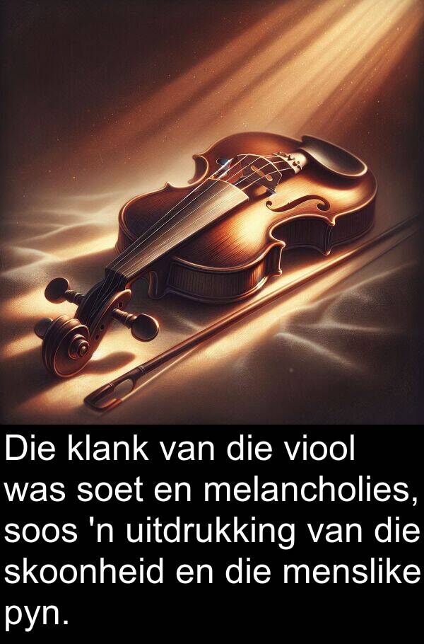 pyn: Die klank van die viool was soet en melancholies, soos 'n uitdrukking van die skoonheid en die menslike pyn.