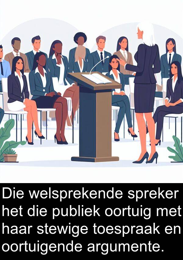 toespraak: Die welsprekende spreker het die publiek oortuig met haar stewige toespraak en oortuigende argumente.