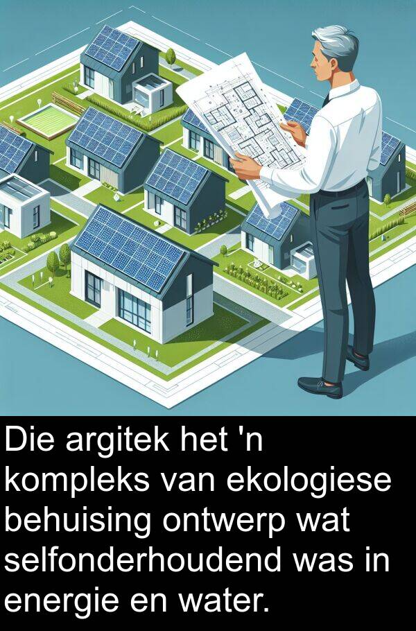 behuising: Die argitek het 'n kompleks van ekologiese behuising ontwerp wat selfonderhoudend was in energie en water.