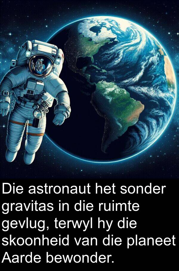 planeet: Die astronaut het sonder gravitas in die ruimte gevlug, terwyl hy die skoonheid van die planeet Aarde bewonder.