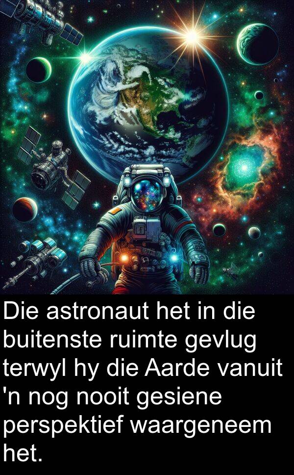 nog: Die astronaut het in die buitenste ruimte gevlug terwyl hy die Aarde vanuit 'n nog nooit gesiene perspektief waargeneem het.