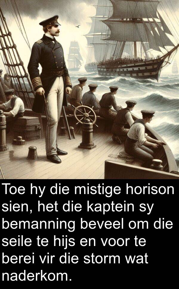 beveel: Toe hy die mistige horison sien, het die kaptein sy bemanning beveel om die seile te hijs en voor te berei vir die storm wat naderkom.