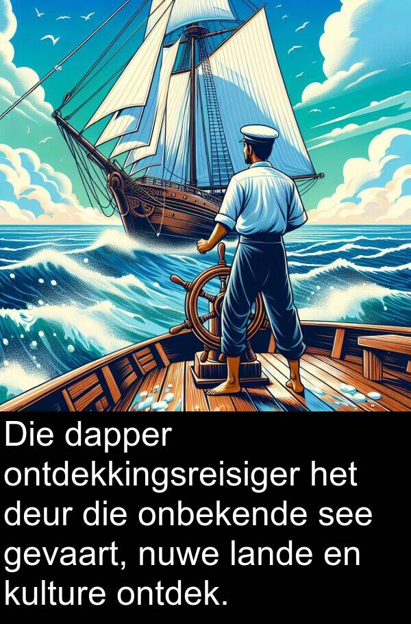 ontdekkingsreisiger: Die dapper ontdekkingsreisiger het deur die onbekende see gevaart, nuwe lande en kulture ontdek.