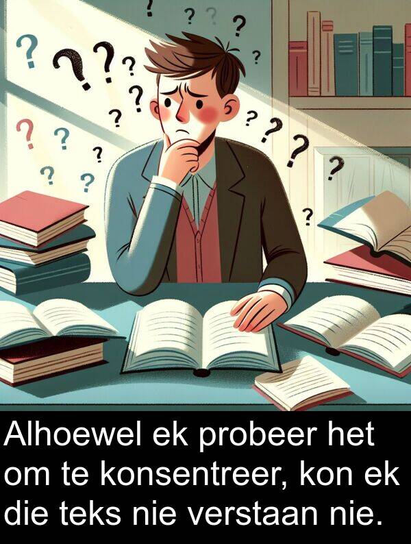 teks: Alhoewel ek probeer het om te konsentreer, kon ek die teks nie verstaan nie.