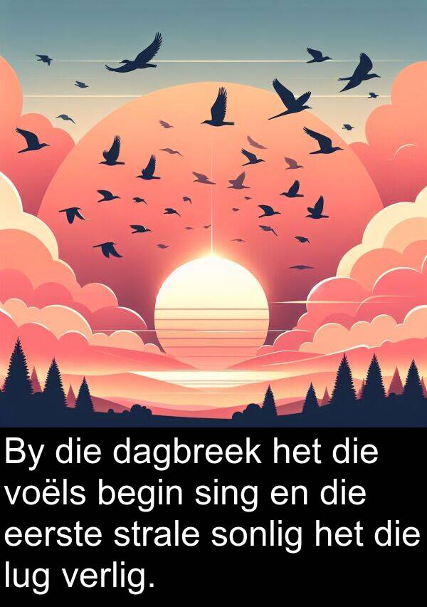 eerste: By die dagbreek het die voëls begin sing en die eerste strale sonlig het die lug verlig.