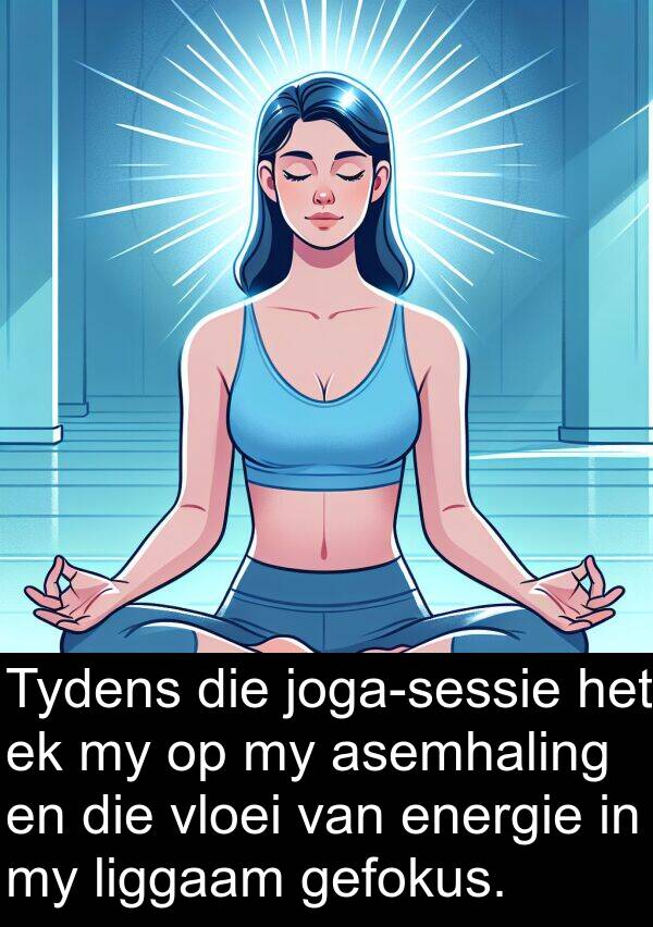 gefokus: Tydens die joga-sessie het ek my op my asemhaling en die vloei van energie in my liggaam gefokus.