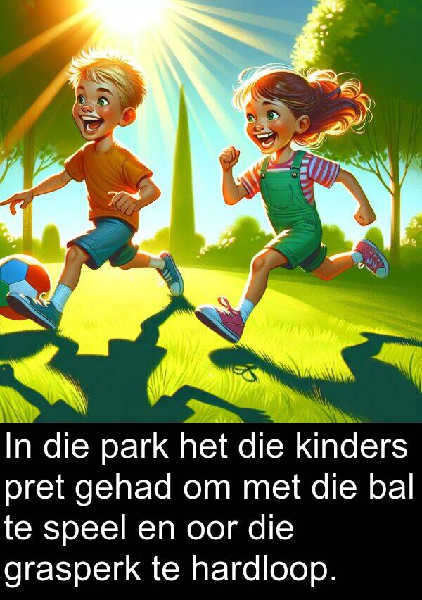 pret: In die park het die kinders pret gehad om met die bal te speel en oor die grasperk te hardloop.