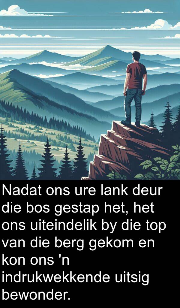 gekom: Nadat ons ure lank deur die bos gestap het, het ons uiteindelik by die top van die berg gekom en kon ons 'n indrukwekkende uitsig bewonder.