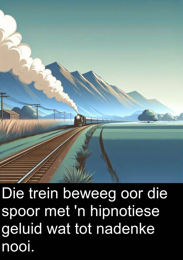 trein: Die trein beweeg oor die spoor met 'n hipnotiese geluid wat tot nadenke nooi.