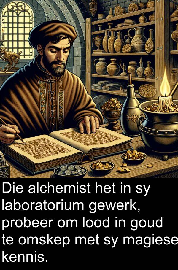 alchemist: Die alchemist het in sy laboratorium gewerk, probeer om lood in goud te omskep met sy magiese kennis.