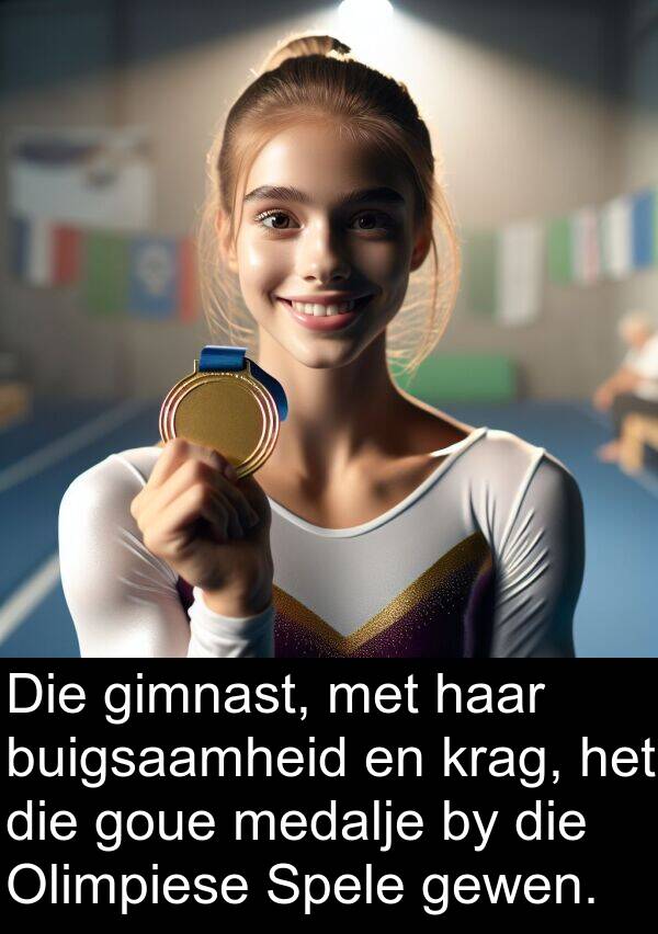 medalje: Die gimnast, met haar buigsaamheid en krag, het die goue medalje by die Olimpiese Spele gewen.