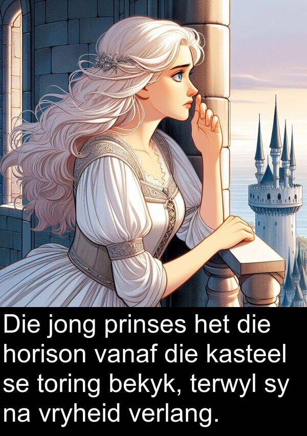 prinses: Die jong prinses het die horison vanaf die kasteel se toring bekyk, terwyl sy na vryheid verlang.