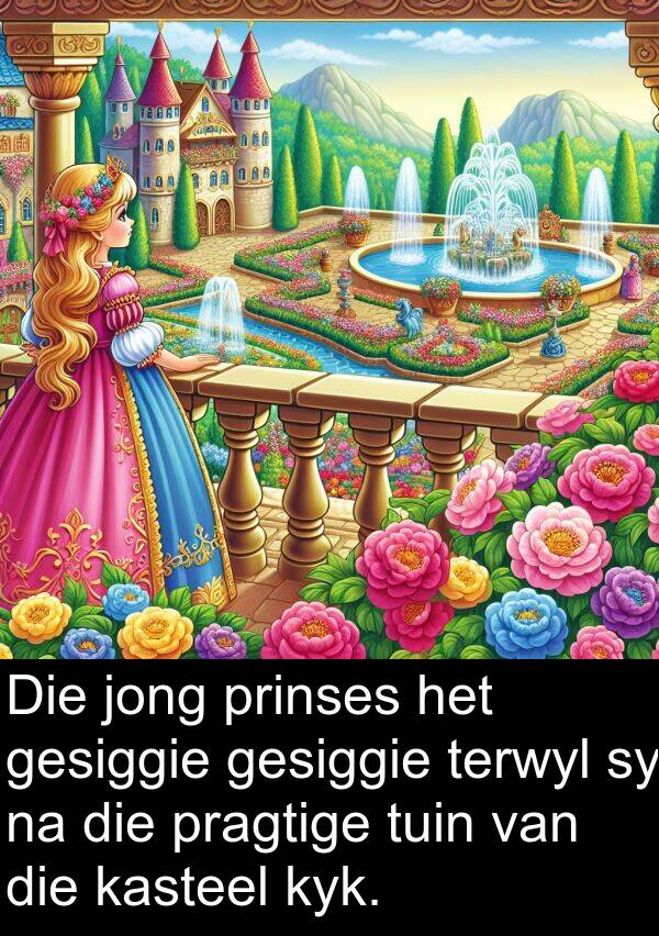 prinses: Die jong prinses het gesiggie gesiggie terwyl sy na die pragtige tuin van die kasteel kyk.